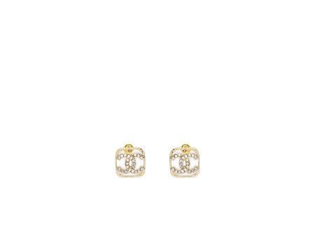 Chanel Square CC Logo Earrings Crystal Light Gold Tone For Sale