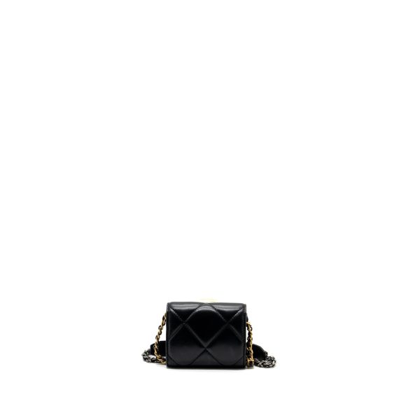 Chanel 19 flap card holder with chain lambskin black multicolor hardware For Sale