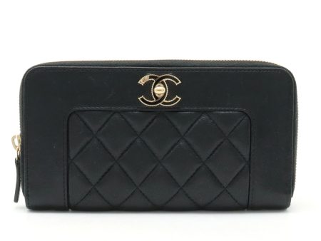 Chanel Mademoiselle Mattress Cocomark Roundfather Long Wallet Black Black Gold  A80969 Discount