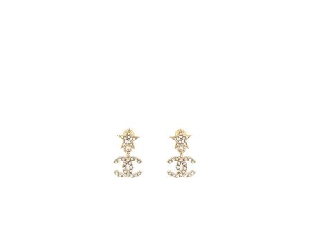 Chanel Crystal Star Earrings with CC logo Drop Light Gold Tone Hot on Sale