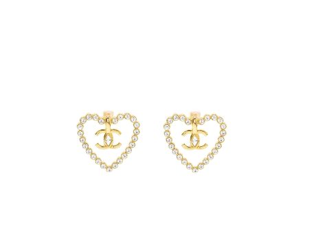 Chanel Giant heart and cc logo ear clips with crystal gold tone Fashion