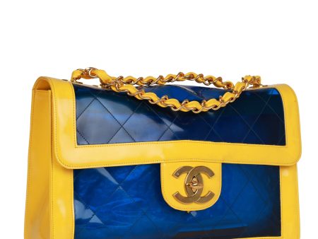 Vintage Chanel Maxi Flap Bag Yellow Blue Quilted Patent Leather Gold Hardware Sale