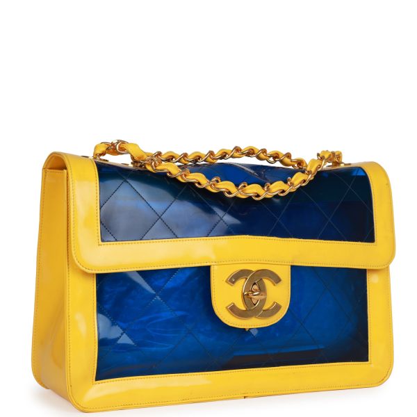 Vintage Chanel Maxi Flap Bag Yellow Blue Quilted Patent Leather Gold Hardware Sale