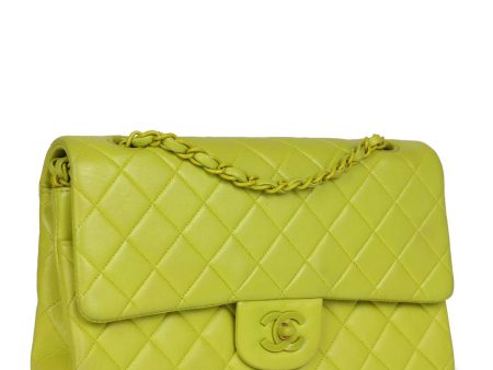 Vintage Chanel Medium Classic Double Flap Lime Green Lambskin Green Hardware For Sale