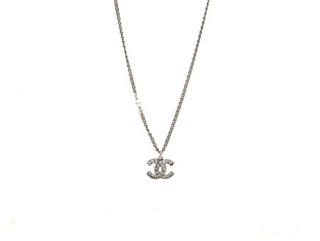 Chanel cc logo necklace crystal pearl ruthenium hardware on Sale