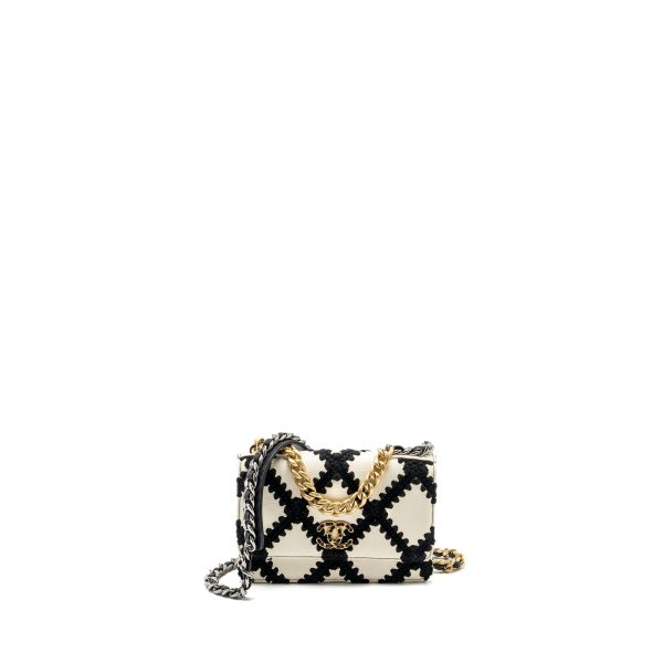 Chanel 19 wallet on chain Fabric Calfskin White Black Multicolour Hardware Cheap