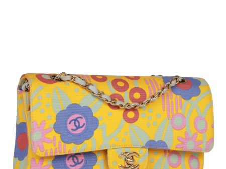 Vintage Chanel Medium Classic Double Flap Bag Yellow and Multicolor Floral Print Canvas Gold Hardware Hot on Sale