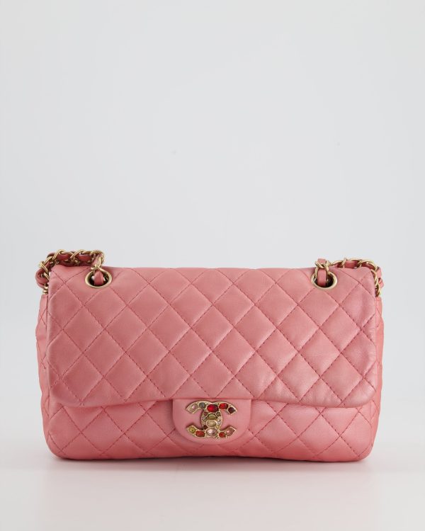 *LIMITED EDITION* Chanel Pink Metallic Single Flap Shoulder Bag in Lambskin Leather with Gold and Precious Stone Hardware Discount