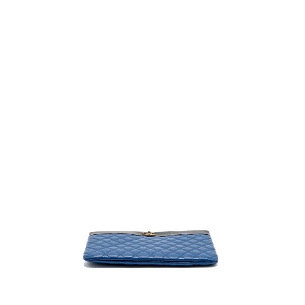 Chanel CC Logo Quilted Zip Pouch   Clutch shiny sheepskin Black  Blue GHW Discount