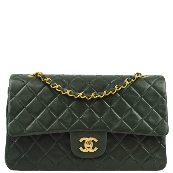 Chanel * 1989-1991 Green Lambskin Medium Classic Double Flap Shoulder Bag For Sale