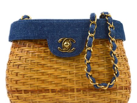 Chanel * 1997-1999 Beige Rattan Denim Basket Chain Shoulder Bag Hot on Sale